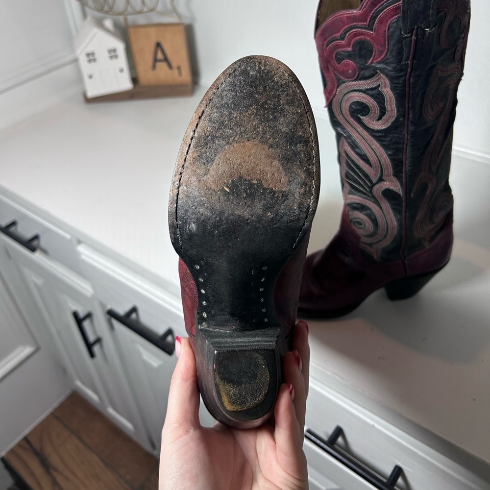 Vintage Larry Mahan Cowboy Boots Womens 5B Burgundy Black Tall Western Boots USA - Picture 6 of 9